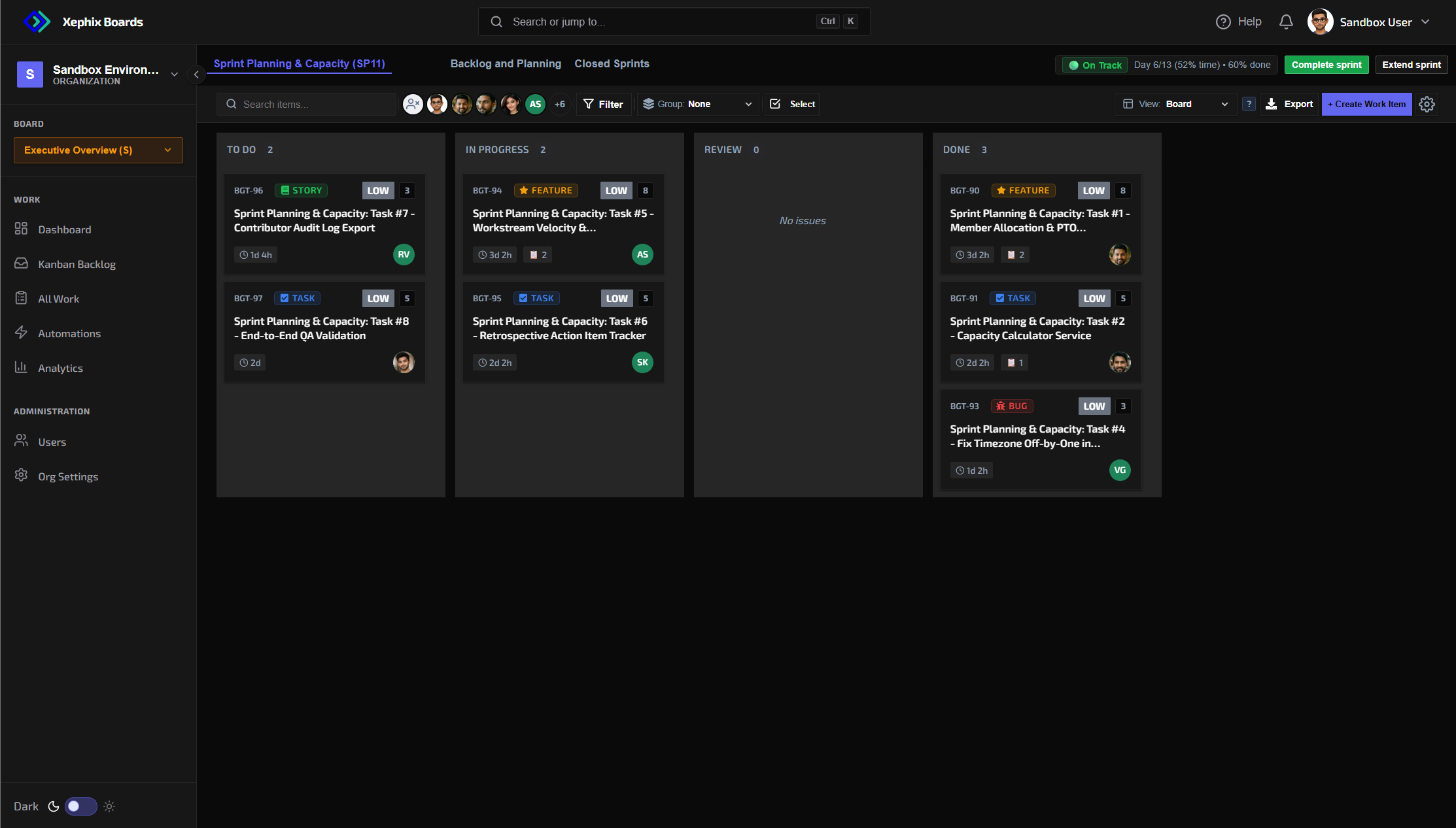 Xephix Boards Active Sprint Scrum Board