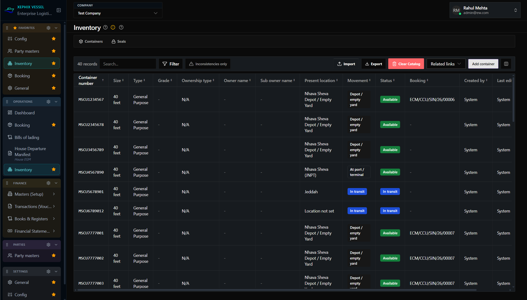 Xephix Vessel Container Depot Inventory Ledger